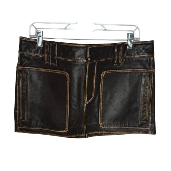 GRLFRND Brown Leather Mini Skirt with Front Pockets NWT - Size Large - Picture 2 of 9
